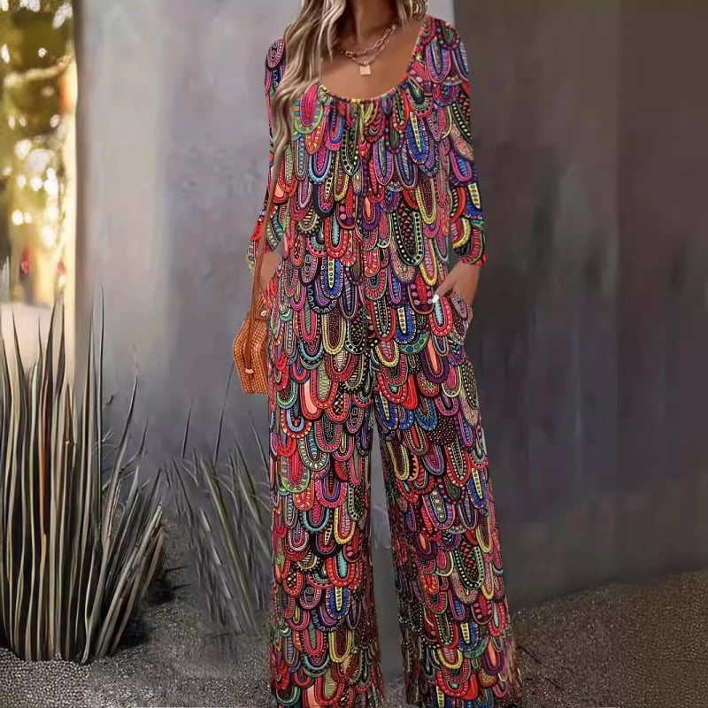 2025 Nové európske a americké dámske oblečenie s potlačou, ležérne nohavice so širokými nohavicami, okrúhlym výstrihom, vreckom, voľným overalom s dlhým rukávom pre ženy