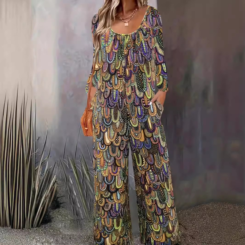 2025 Nové európske a americké dámske oblečenie s potlačou, ležérne nohavice so širokými nohavicami, okrúhlym výstrihom, vreckom, voľným overalom s dlhým rukávom pre ženy