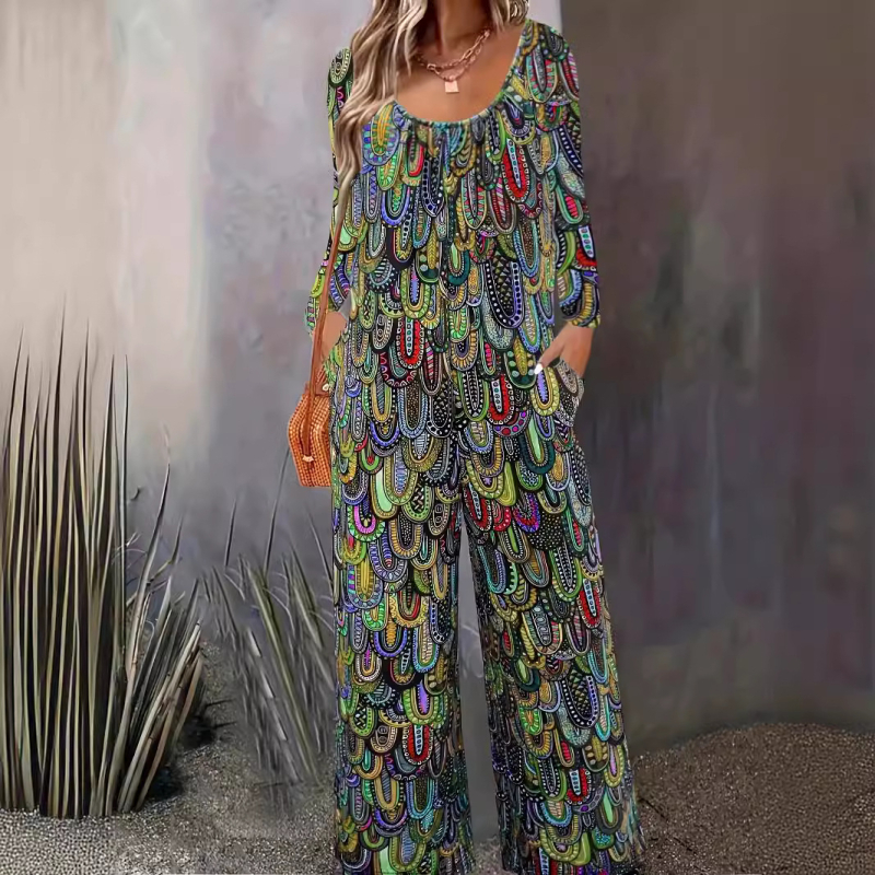 2025 Nové európske a americké dámske oblečenie s potlačou, ležérne nohavice so širokými nohavicami, okrúhlym výstrihom, vreckom, voľným overalom s dlhým rukávom pre ženy