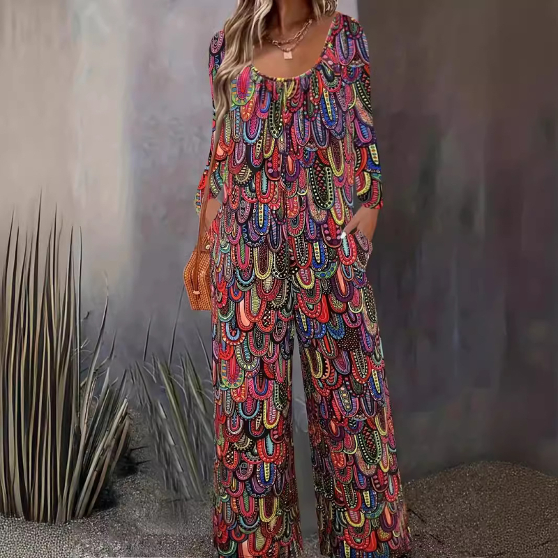 2025 Nové európske a americké dámske oblečenie s potlačou, ležérne nohavice so širokými nohavicami, okrúhlym výstrihom, vreckom, voľným overalom s dlhým rukávom pre ženy