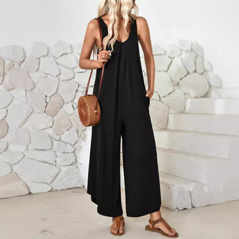 Jarný a letný 2025 nový európsky a americký dámsky overal Amazon ležérny bez rukávov s výstrihom do V, široký nohavicový jednofarebný overal