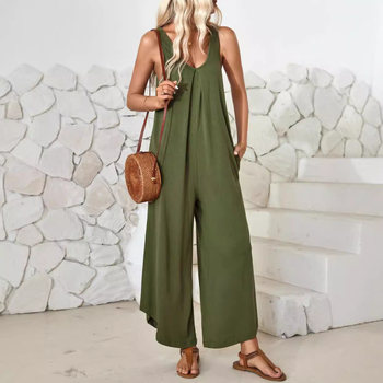 Jarný a letný 2025 nový európsky a americký dámsky overal Amazon ležérny bez rukávov s výstrihom do V, široký nohavicový jednofarebný overal