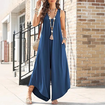 Jarný a letný 2025 nový európsky a americký dámsky overal Amazon ležérny bez rukávov s výstrihom do V, široký nohavicový jednofarebný overal
