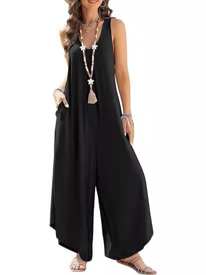 Jarný a letný 2025 nový európsky a americký dámsky overal Amazon ležérny bez rukávov s výstrihom do V, široký nohavicový jednofarebný overal