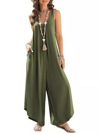 Jarný a letný 2025 nový európsky a americký dámsky overal Amazon ležérny bez rukávov s výstrihom do V, široký nohavicový jednofarebný overal