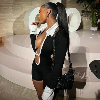 D9724 Amazon Europa și Statele Unite, cel mai bine vândut salopetă pentru femei la modă, sexy, cu rever, gol, spate, contrastant de culoare, slim