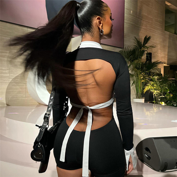 D9724 Amazon Europa și Statele Unite, cel mai bine vândut salopetă pentru femei la modă, sexy, cu rever, gol, spate, contrastant de culoare, slim