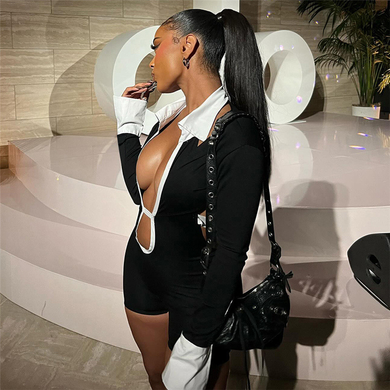 D9724 Amazon Europa și Statele Unite, cel mai bine vândut salopetă pentru femei la modă, sexy, cu rever, gol, spate, contrastant de culoare, slim