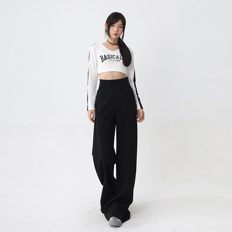 Amerikietiško stiliaus „Spice Girl“ plačių klešnių moteriškos rudens ir žiemos tiesaus klešnės su aukštu liemeniu, priglundančios, laisvalaikio stiliaus kelnės