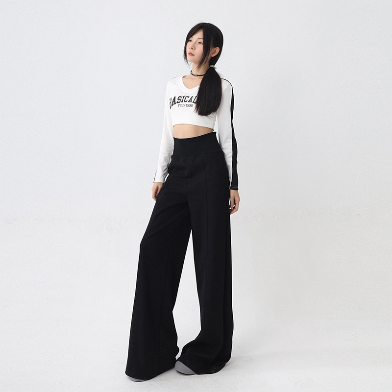 Amerikietiško stiliaus „Spice Girl“ plačių klešnių moteriškos rudens ir žiemos tiesaus klešnės su aukštu liemeniu, priglundančios, laisvalaikio stiliaus kelnės