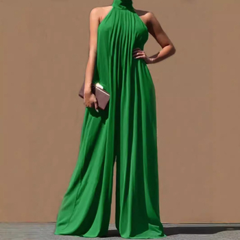 2025. aasta piiriülene Euroopa ja Ameerika puhasvärviline vabaaja šifoonist varrukateta naiste lahtine ja seksikas elegantne päitsetega seljata jumpsuit naistele