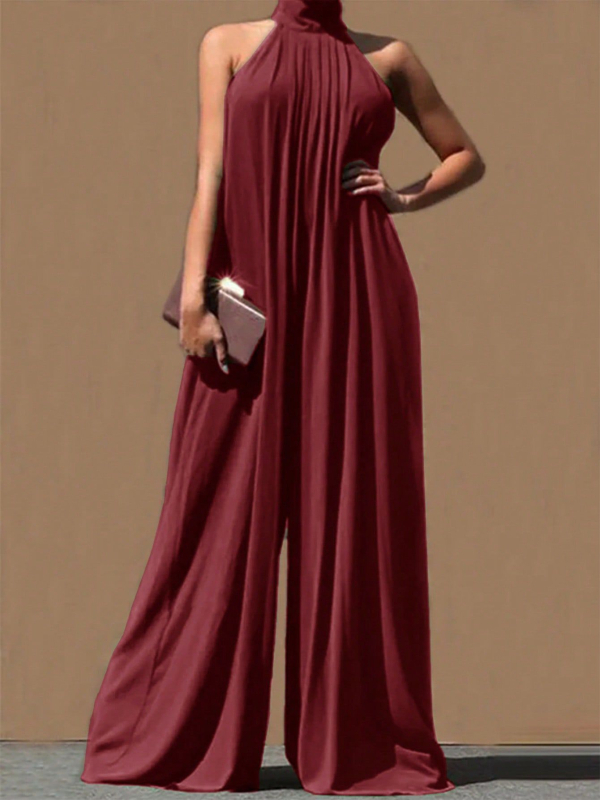 2025. aasta piiriülene Euroopa ja Ameerika puhasvärviline vabaaja šifoonist varrukateta naiste lahtine ja seksikas elegantne päitsetega seljata jumpsuit naistele