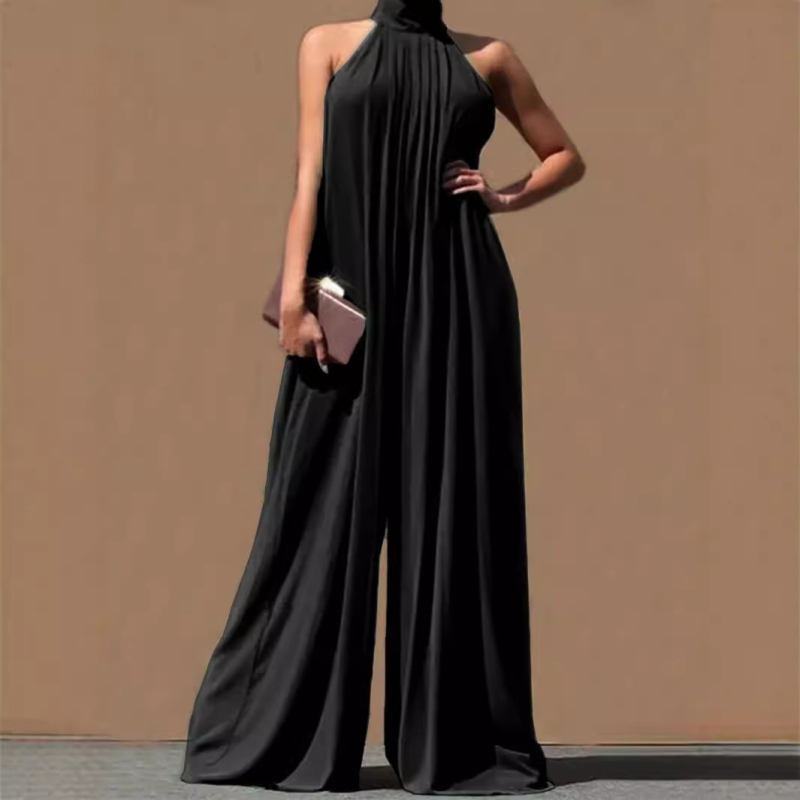 2025. aasta piiriülene Euroopa ja Ameerika puhasvärviline vabaaja šifoonist varrukateta naiste lahtine ja seksikas elegantne päitsetega seljata jumpsuit naistele