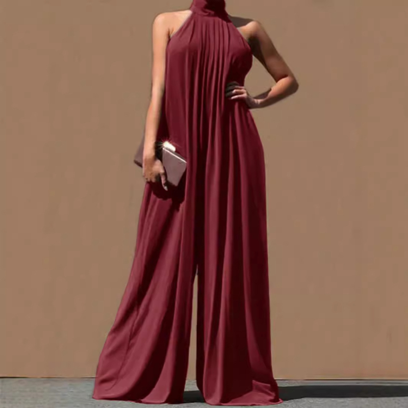 2025. aasta piiriülene Euroopa ja Ameerika puhasvärviline vabaaja šifoonist varrukateta naiste lahtine ja seksikas elegantne päitsetega seljata jumpsuit naistele