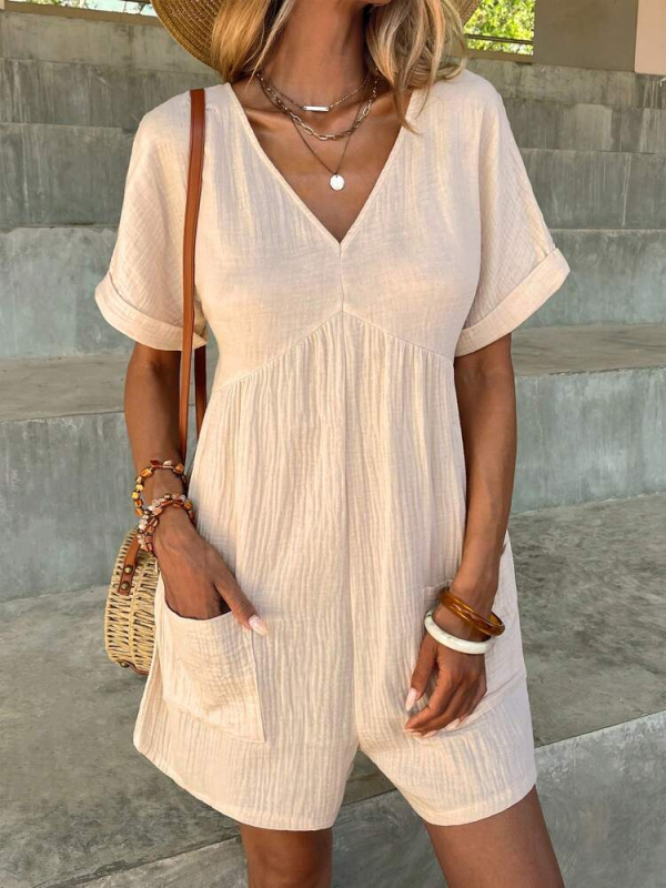 Letný cezhraničný zahraničný obchod 2024, európska a americká móda, jednofarebný, výstrih do V, voľný rukáv s netopierím, vrecko na zips, krátky rukáv, overal