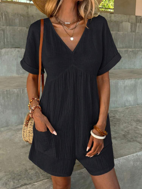 Letný cezhraničný zahraničný obchod 2024, európska a americká móda, jednofarebný, výstrih do V, voľný rukáv s netopierím, vrecko na zips, krátky rukáv, overal