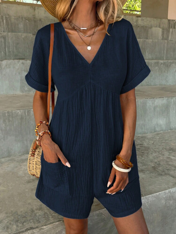 Letný cezhraničný zahraničný obchod 2024, európska a americká móda, jednofarebný, výstrih do V, voľný rukáv s netopierím, vrecko na zips, krátky rukáv, overal