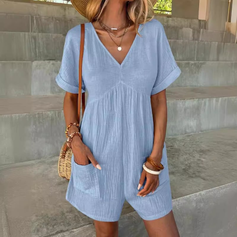 Letný cezhraničný zahraničný obchod 2024, európska a americká móda, jednofarebný, výstrih do V, voľný rukáv s netopierím, vrecko na zips, krátky rukáv, overal