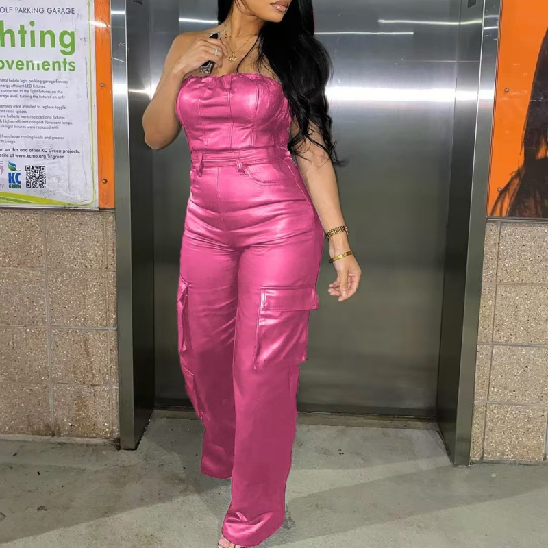 Stație independentă transfrontalieră îmbrăcăminte nouă pentru femei 2023 Europa și Statele Unite sexy fără bretele talie strâmtă salopetă din piele PU