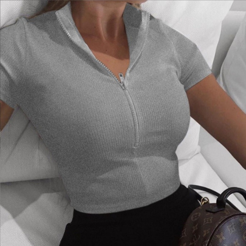 Tricou sport cu mânecă scurtă și guler drept pentru femei, stil european și american, cu guler scurt și fermoar, Slim-fit, strâmt, sexy