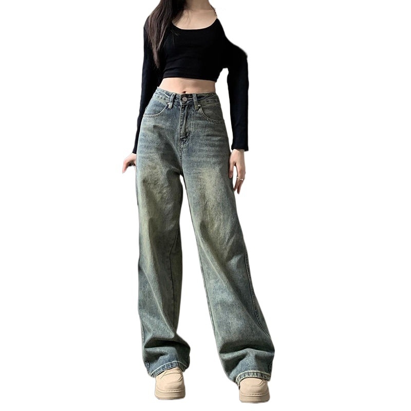 Dámske letné rifle s vysokým pásom, rovné, sťahovacie, voľné, so širokými nohavicami, v americkom štýle, vintage, s praním, staré