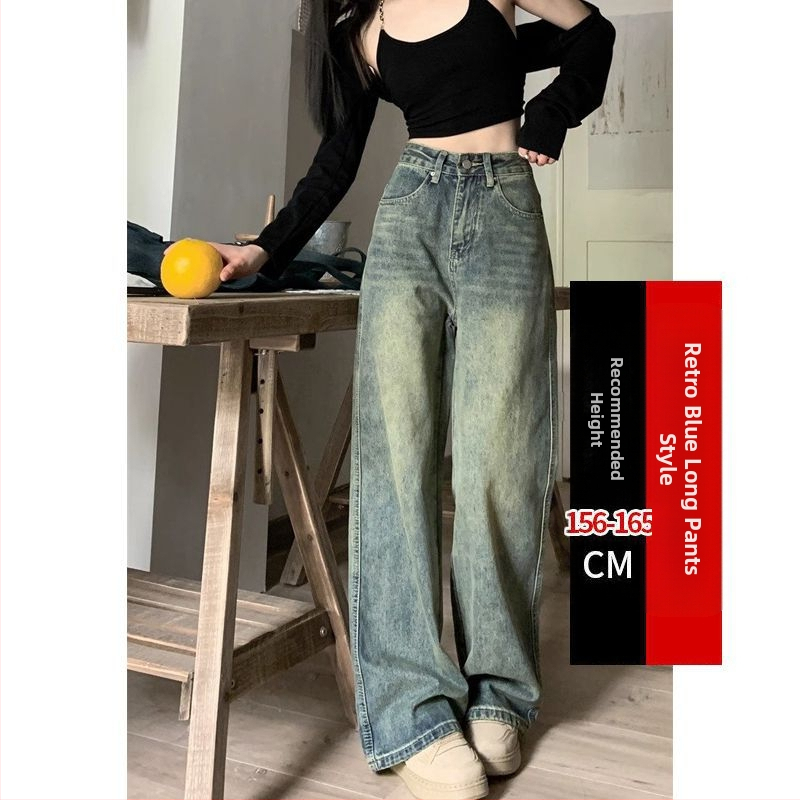 Dámske letné rifle s vysokým pásom, rovné, sťahovacie, voľné, so širokými nohavicami, v americkom štýle, vintage, s praním, staré