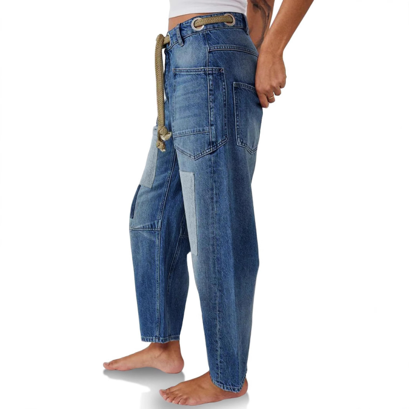 Euroopa ja Ameerika sõltumatu jaama piiriülesed naiste teksad, õmblemisega Amazoni suvised lahtised sirged pingutusnööriga paeltega püksid naistele