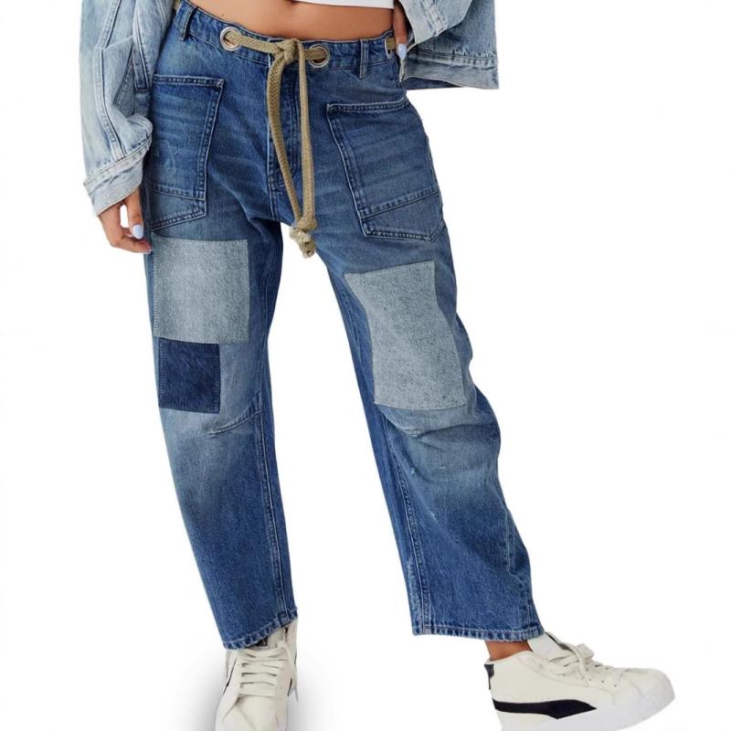 Euroopa ja Ameerika sõltumatu jaama piiriülesed naiste teksad, õmblemisega Amazoni suvised lahtised sirged pingutusnööriga paeltega püksid naistele