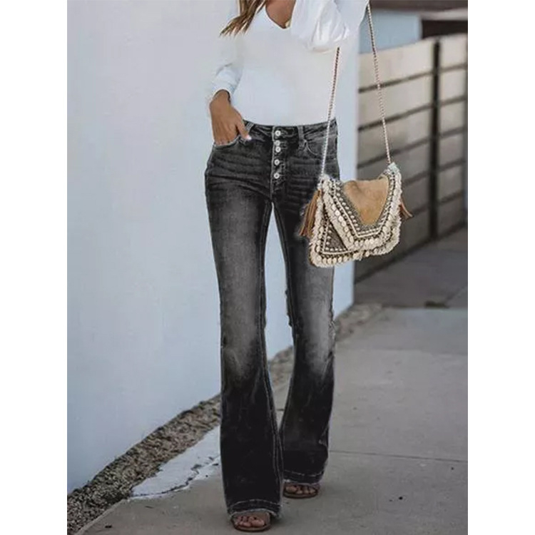 Dámske džínsy s vysokým pásom, mierne rozšíreným strihom a viacerými gombíkmi, európske a americké cezhraničné džínsy 2023, nový štýl, retro, s vysokým pásom a zoštíhľujúcim efektom