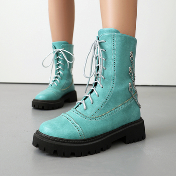Dámske čižmy s plochým podpätkom, veľkosť 35-42, európske a americké cezhraničné zahraničné obchodné topánky na jeseň a zimu, šnurovacie čižmy s nízkym podpätkom a kovovou retiazkou, ležérne čižmy H742
