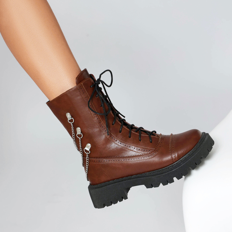 Dámske čižmy s plochým podpätkom, veľkosť 35-42, európske a americké cezhraničné zahraničné obchodné topánky na jeseň a zimu, šnurovacie čižmy s nízkym podpätkom a kovovou retiazkou, ležérne čižmy H742