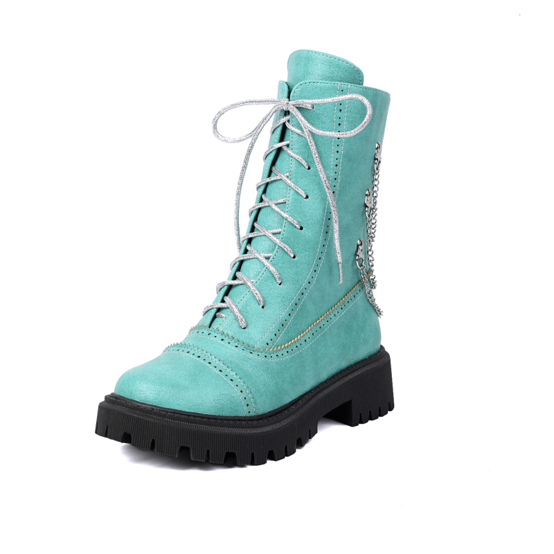 Dámske čižmy s plochým podpätkom, veľkosť 35-42, európske a americké cezhraničné zahraničné obchodné topánky na jeseň a zimu, šnurovacie čižmy s nízkym podpätkom a kovovou retiazkou, ležérne čižmy H742