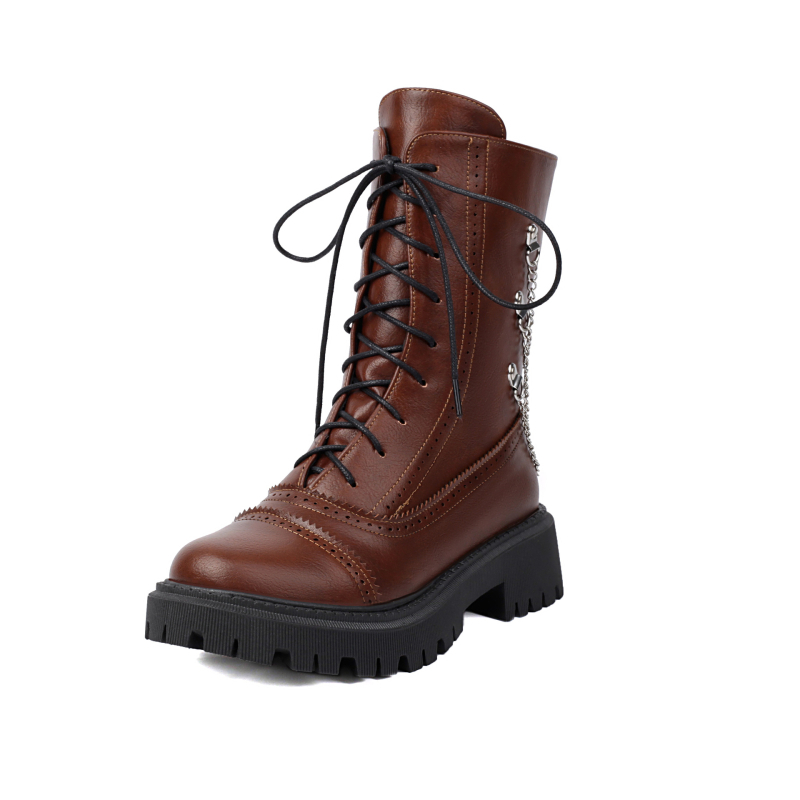 Dámske čižmy s plochým podpätkom, veľkosť 35-42, európske a americké cezhraničné zahraničné obchodné topánky na jeseň a zimu, šnurovacie čižmy s nízkym podpätkom a kovovou retiazkou, ležérne čižmy H742