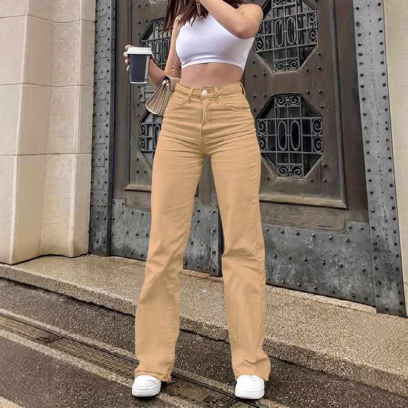 Amazon 2025 Nové európske a americké cezhraničné džínsy Dámske rovné ležérne jednofarebné s vysokým pásom, elastické, outlet z továrne