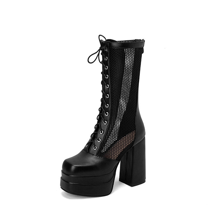Άνοιξη και καλοκαίρι 2023, νέες μπότες από πλέγμα, πλατφόρμα, χοντρό ψηλοτάκουνο, σταυρωτό λουράκι πίσω, φερμουάρ στη μέση της γάμπας, παπούτσια μεγάλου μεγέθους εξωτερικού εμπορίου 40-50