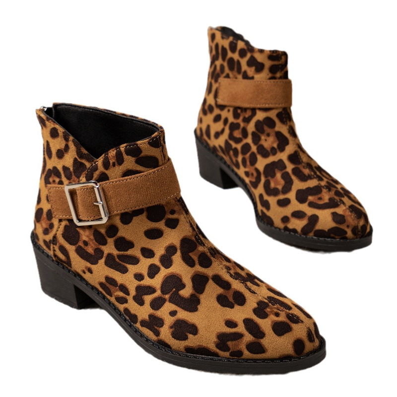 Zahraničný obchod Veľké hrubé podpätky Opasok Pracka Módne leopardie krátke špicaté špičky Krátke čižmy 2024 Nový štýl Čižmy Módne čižmy pre ženy