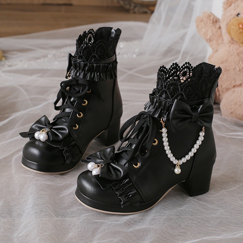 Παπούτσια μεγάλων και μικρών μεγεθών 30-43, σύνθετα φιόγκο, αρχαίες κοντές μπότες με χοντρό τακούνι, γυναικείες φθινοπωρινές και χειμωνιάτικες, νέες γυναικείες μπότες, μπότες Lolita με μεσαίο τακούνι