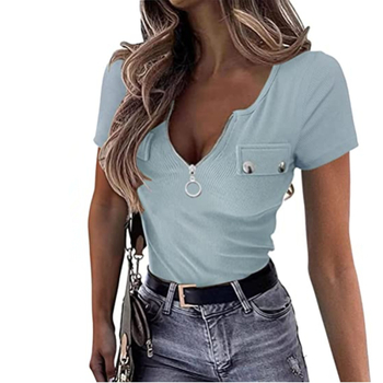 Dámske letné tričko s krátkym rukávom a henley vzorom z roku 2023, sexi zips, výstrih do V, rebrovaný pletený top slim fit