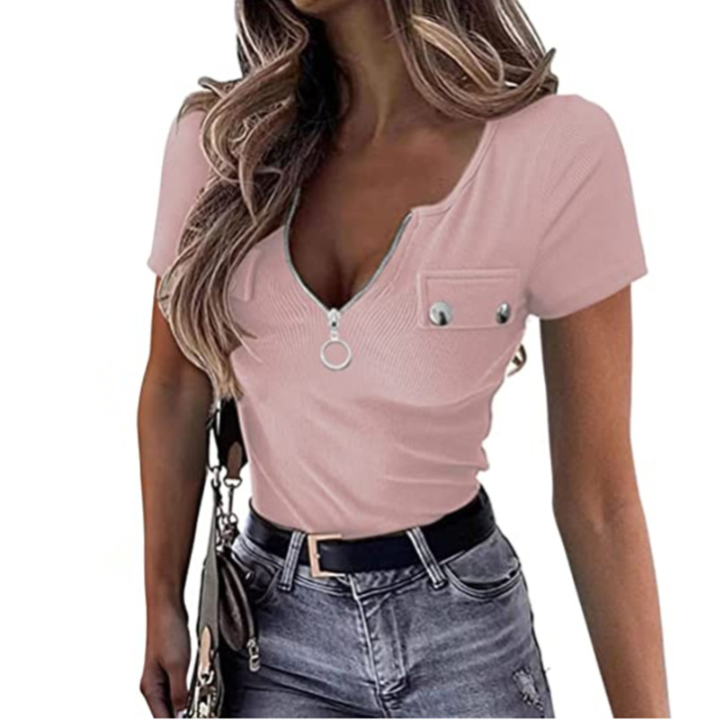 Dámske letné tričko s krátkym rukávom a henley vzorom z roku 2023, sexi zips, výstrih do V, rebrovaný pletený top slim fit