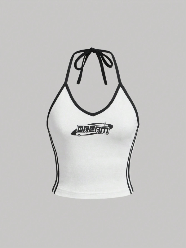 2024 Amazon Nový európsky a americký štýl Spice Girl Slim fit vesta s potlačou písmen, kontrastný módny ležérny top