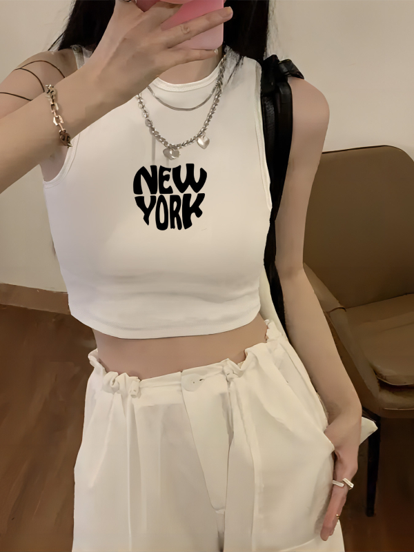 Qiduo Európsky a americký horúci štýl krátkeho topu Y2K cezhraničné leto nový okrúhly výstrih bez rukávov sladký a pikantný tielko v štýle Harajuku