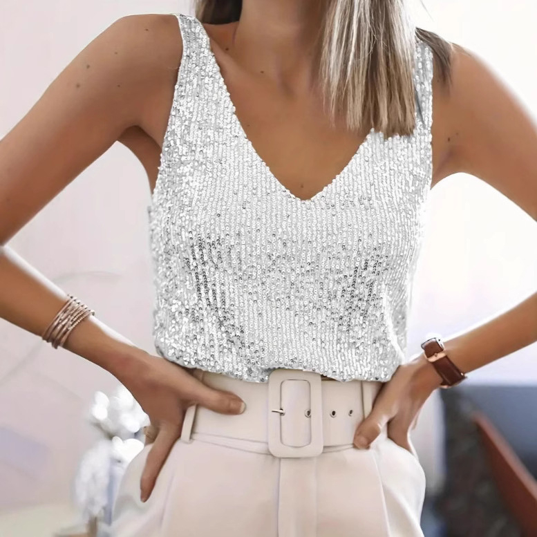 Трансгранична 2024 европейска и американска външна търговия Трансгранична дамска горнища Amazon Стоки Station Лятна лека зряла секси V-образно деколте с пайети