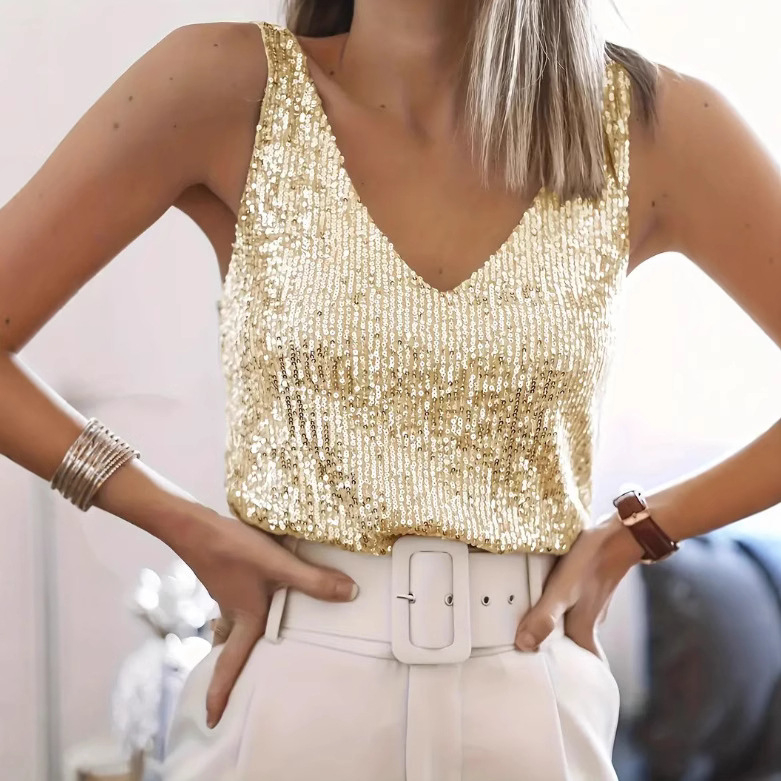 Трансгранична 2024 европейска и американска външна търговия Трансгранична дамска горнища Amazon Стоки Station Лятна лека зряла секси V-образно деколте с пайети