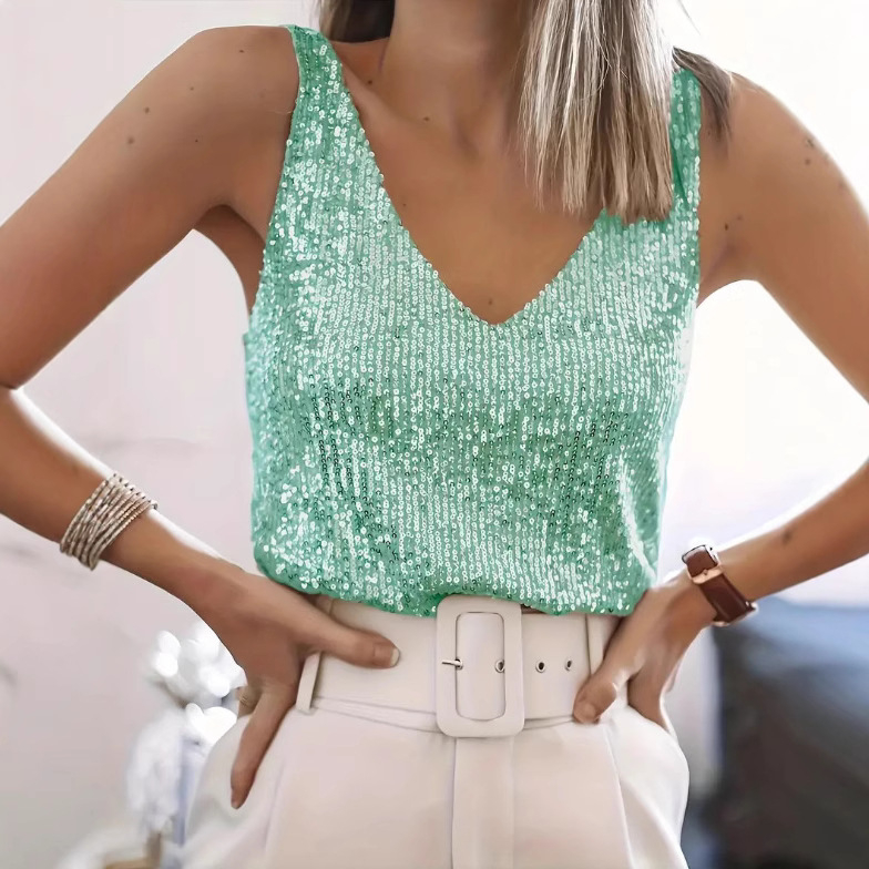 Трансгранична 2024 европейска и американска външна търговия Трансгранична дамска горнища Amazon Стоки Station Лятна лека зряла секси V-образно деколте с пайети