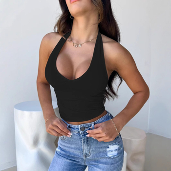 2024 Cezhraničné horúce dámske top s visiacim výstrihom, európske a americké sexy tričko s výstrihom do V a otvoreným chrbtom, spodným topom a pupkom