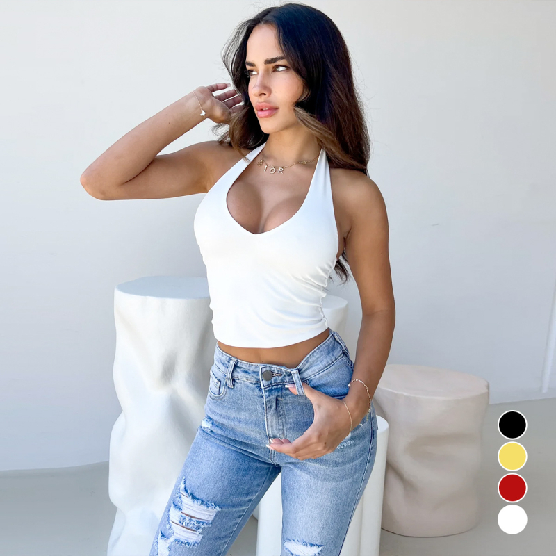 2024 Cezhraničné horúce dámske top s visiacim výstrihom, európske a americké sexy tričko s výstrihom do V a otvoreným chrbtom, spodným topom a pupkom