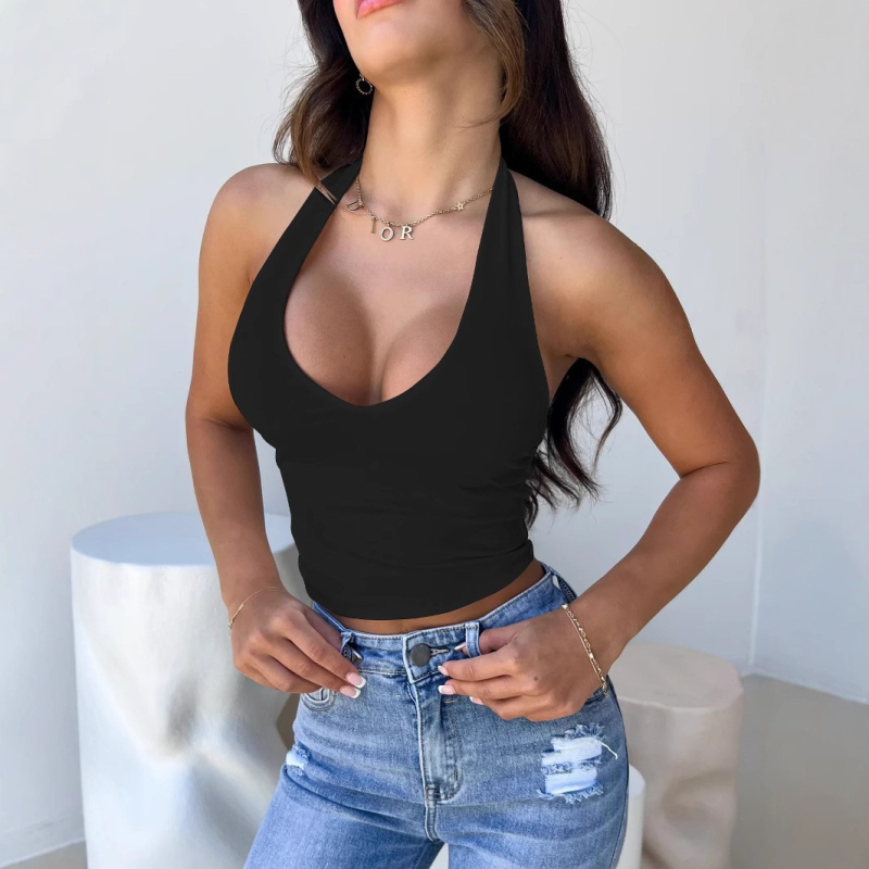 2024 Cezhraničné horúce dámske top s visiacim výstrihom, európske a americké sexy tričko s výstrihom do V a otvoreným chrbtom, spodným topom a pupkom