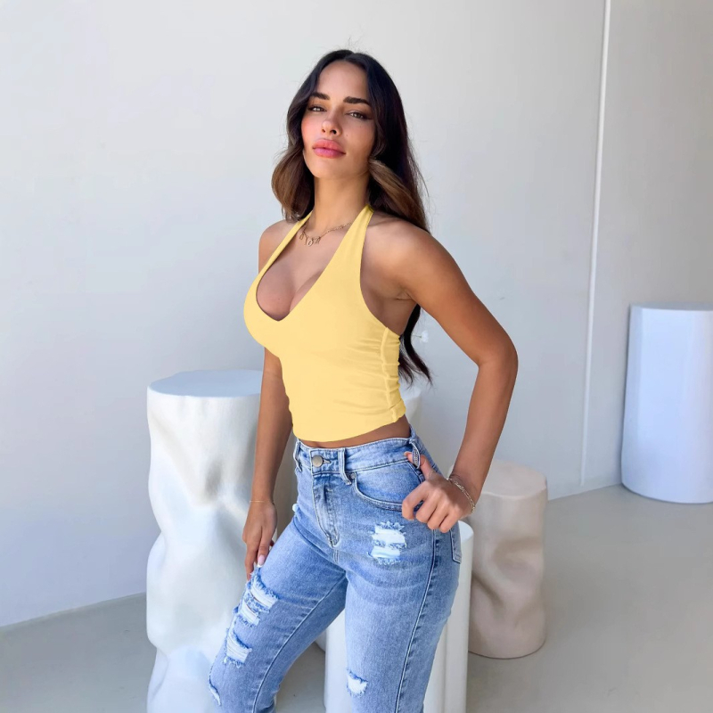 2024 Cezhraničné horúce dámske top s visiacim výstrihom, európske a americké sexy tričko s výstrihom do V a otvoreným chrbtom, spodným topom a pupkom