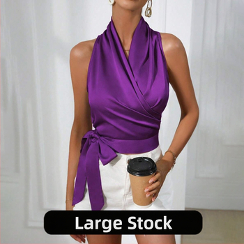 Dámske saténové tričko CrossBorder, dámske jarné a letné tričko s výstrihom do V, sexy šnurovaním a bočným zavinovaním bez rukávov