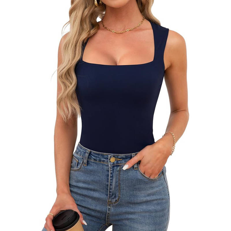 Cezhraničné európske a americké horúce dievčatá nosia dámske letné bezrukávové dámske oblečenie s odhalenými ramenami, štvorcovým golierom a závitovým ramenným popruhom